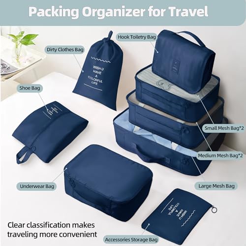 10 Pcs Set Packing Cubes - Travel Packing Organizers, Expandable Suitcase Organizer, Luggage Organizer Bags - color: DARK BLUE