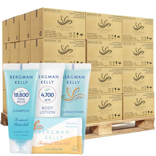Bergman Kelly - Hotel Toiletries Bundle - Tropical Waterfall, 1 oz each, 18800 pcs - 4-Piece Set: Rectangular Bar Soap, Shampoo, Conditioner & Body Lotion (4700 each) - Bulk Mini Guest Amenities - size: Full Pallet (18800 Pieces)
