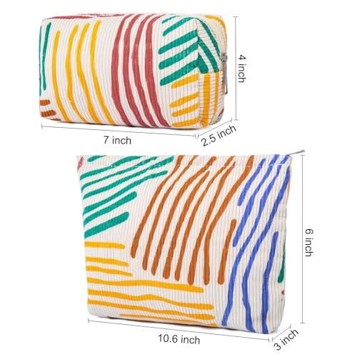 SOIDRAM 2 Pieces Stripes Makeup Bag Large Corduroy Cosmetic Bag Capacity Canvas Mix Travel Toiletry Bag Organizer Cute Makeup Brushes Aesthetic Accessories Storage Bag for Women, Stripes Mix Colorful - color: Colorful Stripes