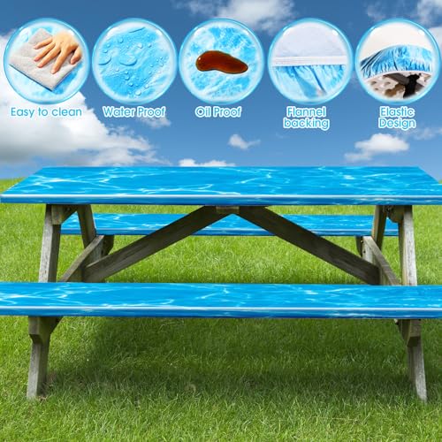 Boao 3 Pcs Vinyl Picnic Table Cover with Bench Cover 6 ft 30 x 72 Inch Waterproof Fitted Tablecloth Flannel Backing Rectangular Elastic Edged for Camping Outdoor Patio Travel(Seawater) - color: Seawater