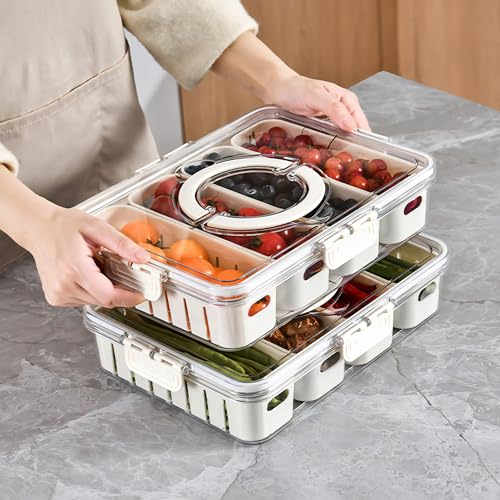 2Pack Divided Veggie Tray with Lid and Handle 4 Compartment Serving Tray with Dividers Portable Travel Snack Storage Containers Stackable Snackle Box Charcuterie Container for Fruit,Vegetable,Salad - size: 2 Pack-4 Compartment