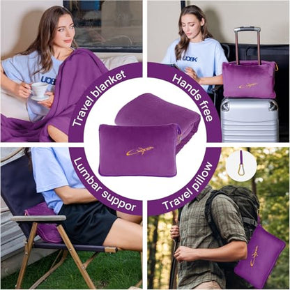 Travel Blanket & Pillow Set, 300 GSM Soft Fleece, 60x43 Inches, 3-in-1 Airplane Blanket, Travel Pillow and Blanket Set, Travel Blanket Airplane Compact with Bag, Travel Essentials, Violet - color: Violet-1