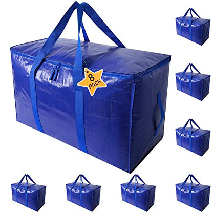 Extra Large Moving Bags Heavy Duty Totes for Storage Packing, Space Saving, Traveling, with Zippers & Strong Carrying Handles (Set of 8) - color: 8-package-Blue