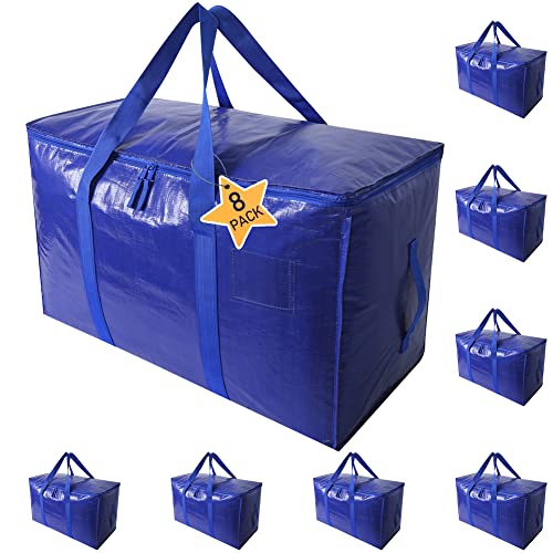 Extra Large Moving Bags Heavy Duty Totes for Storage Packing, Space Saving, Traveling, with Zippers & Strong Carrying Handles (Set of 8) - color: 8-package-Blue