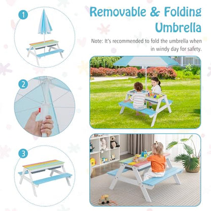 HONEY JOY Kids Picnic Table, 4 in 1 Cedar Wooden Sand & Water Table w/ 2 Removable Box & Umbrella, Kids Picnic Tables for Outdoors Backyard Garden, Toddler Patio Furniture Set for Boys Girls(Blue) - color: Blue