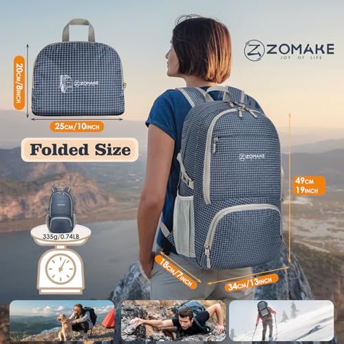 ZOMAKE Lightweight Packable Backpack 30L, Foldable Hiking Backpacks Water Resistant Compact Folding Daypack for Travel(Plaid Royal Blue) - color: Plaid Royal Blue