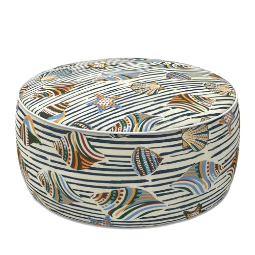 LVTXIII Indoor/Outdoor Inflatable Ottoman with Handle D21 x H9 Inch, Weather-Resistant Round Footstool Pouf for Patio Camping Living Room, Portable Footrest Extra Seating, Cabana Shells - color: Cabana Shells, size: 21"D x 21"W x 9"H