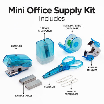 LD Products Blue Mini Office Supply Kit Portable Case with Scissors, Paper Clips, Tape Dispenser Set, Pencil Sharpener, Mini Stapler with Staples and Staple Remover - color: Blue