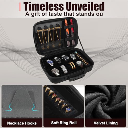 Travel Jewelry Box Watch Case, 8 Slots Watch Organizer for Men Women, Hard Storage Bag with 10 Ring Holders, 4 Necklace Hooks, 4 Watch Strap, Jewelry Bracelets Carrying Case with Soft Pillow