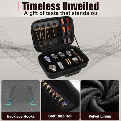 Travel Jewelry Box Watch Case, 8 Slots Watch Organizer for Men Women, Hard Storage Bag with 10 Ring Holders, 4 Necklace Hooks, 4 Watch Strap, Jewelry Bracelets Carrying Case with Soft Pillow