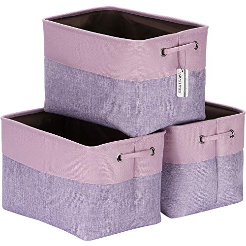 Sea Team 3-Pack Large Storage Basket Set, Trunk Organizer, Clothes Toys Bin, 15 x 10 x 10 Inches, Big Rectangular Canvas Fabric Collapsible Shelf Box with Handles for Kids Room (Lavender/Orchid) - color: Lavender/Orchid, size: Medium/15 x 10 x 10"