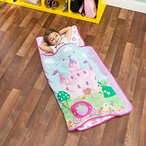 EVERYDAY KIDS Toddler Nap Mat with Removable Pillow -Princess Storyland- Carry Handle with Fastening Straps Closure, Rollup Design, Soft Microfiber for Preschool, Daycare, Sleeping Bag -Ages 2-6 years - color: Princess Storyland