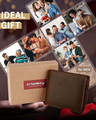 Artpaxy Mens Wallet Genuine Leather Bifold RFID Blocking Wallet for Men with 1 ID Window 13 Card Holders 2 cash pockets 1 Gift Box - color: Dark Coffee Brown
