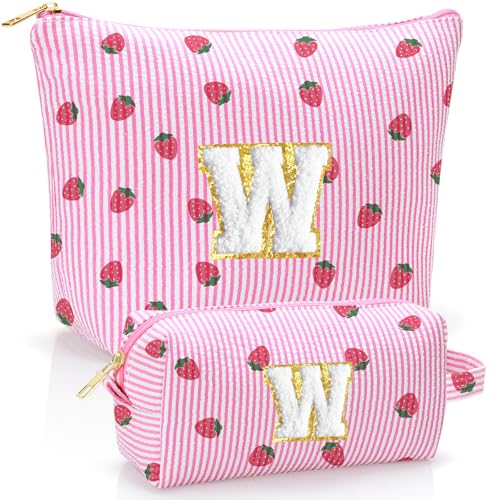 Personalized Initial Makeup Bag,Strawberry Print Preppy Cosmetic Toiletry Travel Bag,Trendy Letter Makeup Pouch for Teen Girls and Women,Holiday & Birthday Gift,2 Pack (W, Pink Strawberry) - style: W