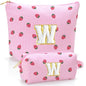 Personalized Initial Makeup Bag,Strawberry Print Preppy Cosmetic Toiletry Travel Bag,Trendy Letter Makeup Pouch for Teen Girls and Women,Holiday & Birthday Gift,2 Pack (W, Pink Strawberry) - style: W