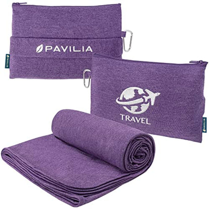 PAVILIA Travel Blanket Compact, Airplane Packable Bag, Soft Fleece Portable Throw Pillow Combo Set, Plane Flight Car Trips Essentials Gift Accessories, Luggage Backpack Clip, Purple, 65 x 40 Inch - color: Purple