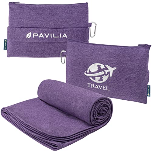 PAVILIA Travel Blanket Compact, Airplane Packable Bag, Soft Fleece Portable Throw Pillow Combo Set, Plane Flight Car Trips Essentials Gift Accessories, Luggage Backpack Clip, Purple, 65 x 40 Inch - color: Purple