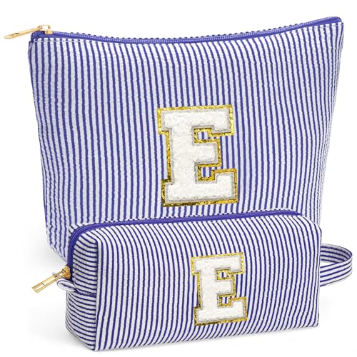 Initial Makeup Bag Set - Cute Blue Stuff for Women, Makeup Pouch Cosmetic Bag Small Makeup Bag for Purse, Travel Essentials Toiletry Bag for Women Birthday Gifts, Blue Letter E - color: Blue, style: E