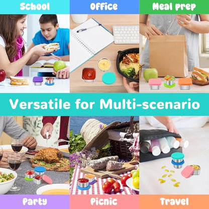 LIEMAND 6PCS Salad Dressing Container to Go, Leakproof Reusable Stainless Steel small container with lid,Sauce Containers for Lunch box,Picnics,Travel,Office and Meal Prep-1.6+2.7 Sets - color: Rainbow, size: 1.6oz Round+2.7oz Square