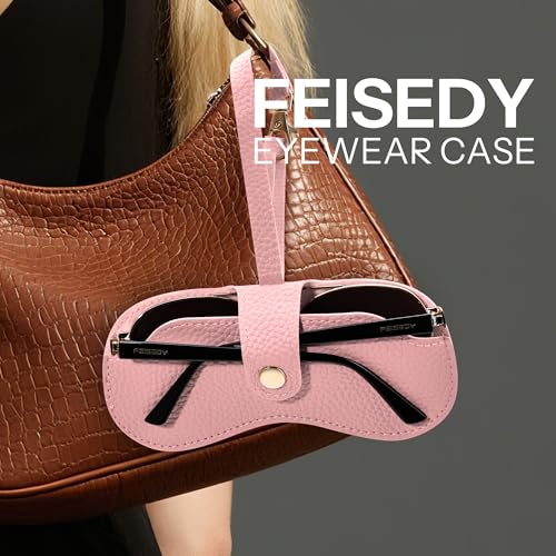 FEISEDY Soft Leather Sunglass Case-Slim Portable Glasses Holder with Button-Closure Wrist Strap for Travel & Outdoor B0308 - color: Pink
