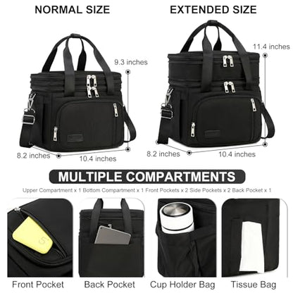 MAPLELILY Lunch Box for Men Women - Double Deck Insulated Lunch Bag, Large Leak Proof Tote Cooler, Wide Open Dual Compartment Lunch Bags with Shoulder Strap, For Work Picnic Hiking Beach, Black - color: Black