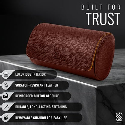 2 Watch Travel Case for Men – Leather Roll Organizer & Storage Box, Fits Watches up to 55mm | Removable Cushions | Gift Ready (Brown/Caramel) - color: Brown & Caramel