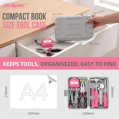 Hi-Spec Pink Tool Set 20-Piece. Ladies’ Starter Basic Hand Tools in a Compact Toolbox Case for Household and Office Repairs and Maintenance. - color: Light Pink