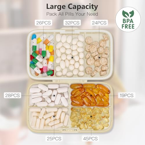 FYY Weekly Pill Organizer with Labels,8 Compartments Travel Daily Pill Case Airtight Moistureproof Large Pill Box to Hold Vitamins, Fish Oil, Supplements,Cotton Swab and Bandages-Beige - color: Beige