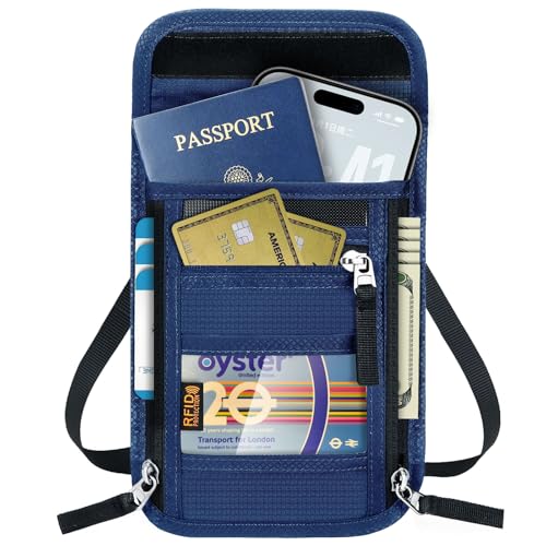 Travel Neck Wallet with RFID Blocking & Passport Holder - Large Capacity Hidden Pouch for Phone, Cash, Cards, ID | Slim Fit, Anti-Theft Organizer for Airports, Sightseeing - color: Dark Blue
