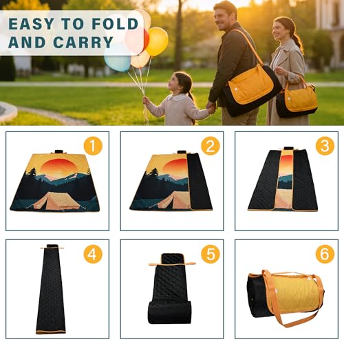 Tirrinia Picnic Blanket Waterproof, 70"x80" Extra Large Outdoor Blanket Waterproof, 3-Layer Foldable Picnic Mat with Sandproof Backing for Beach, Camping, Hiking, Park, Travel - color: Orange Sun