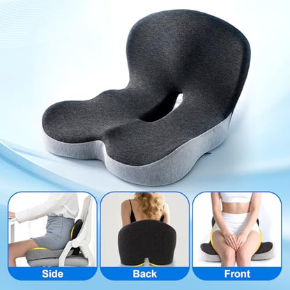 Memory Foam Office Chair Cushion, L-Shaped Integrated Seat Cushions, Chair Seat Cushion for Lower Back Tailbone Protection, Ergonomic SeatCushion with Lumbar Support (Black Gray)