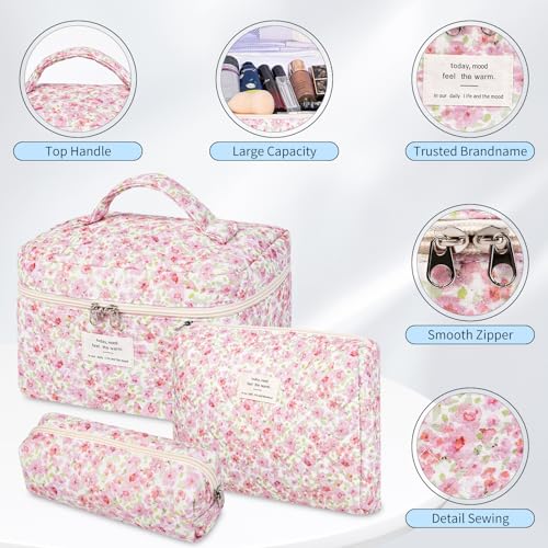 senbowe Floral Makeup Bag, 3 Pack Large Cotton Quilted Makeup Bag Set, Cute Floral Coquette Aesthetic Toiletry Bag Make Up Cosmetic Bag for Women, Toiletry Travel Make Up Organizer Bag - color: Pink-Green Flower