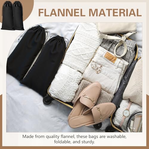 Amylove 4 Pcs Flannel Cloth Shoe Bags for Travel, 8 x 17 Inches Dust Pouch with Drawstring Closure, Washable Breathable Cotton Fabric for Luggage (Black) - color: Black