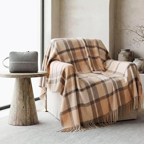Soft Pure Wool Throw Blanket, Lightweight Warmth, 55"x83", Plaid, Fringe, Compact with Bag, Useful Gift for Women Men, All Season Decorative Cozy Travel Blanket for Couch Bed, Outdoors - color: Walnut Beige, size: Standard (1.5 lbs)