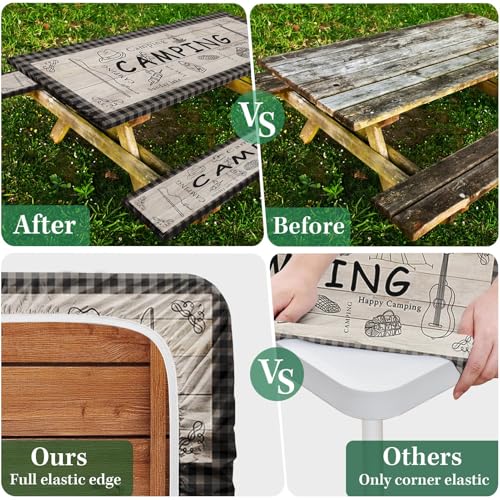 Picnic Table Cover with Bench Covers Elastic Edges, Blue Camper Fitted Table Cover, Outdoor Patio Camping Essentials 72 Inch 3PCS, Waterproof Camping Fitted Tablecloth with Drawstring Bag - color: Blue Plaid, size: 72in
