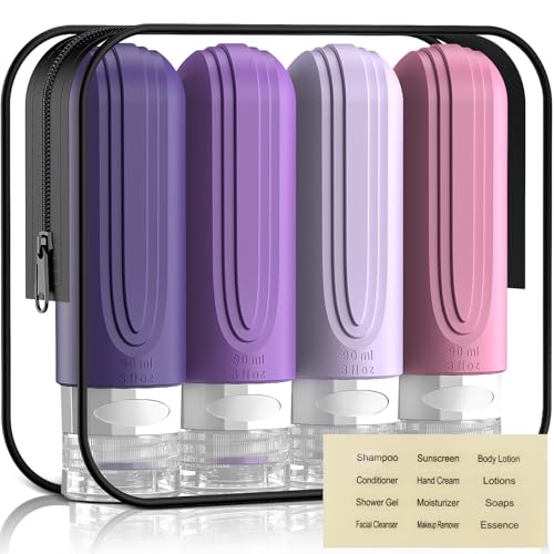 Travel Bottles for Toiletries, 3oz TSA Approved Travel Size Toiletries, Silicone Leak-Proof Refillable Containers, Squeezable Liquid Essentials Bottles W/Clear Bag (PURPLE) - color: PURPLE