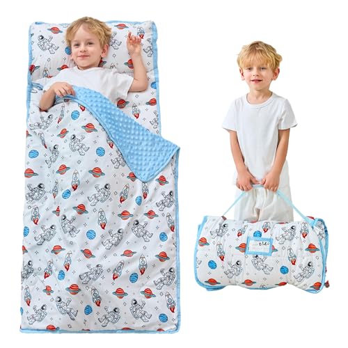 Lasoftan Toddler Nap Mat with Pillow and Blanket, Extra Large Rolled Napping Mats,Slumber Bags for Boys Girls,Kids Sleeping Bag for Daycare, Preschool Travel Camping - color: Astronaut