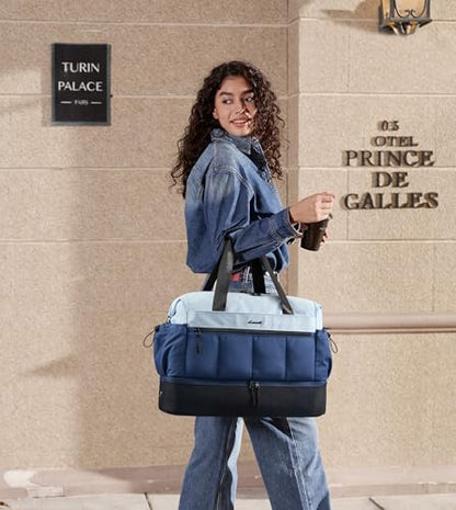 LOVEVOOK Travel Duffel Bag, Weekender Bags for Women, Large Overnight Bags with Shoe Compartment, 38L Carry on Gym Hospital Bag with Wet Pocket, 2 Pcs - color: Dark Blue-Light Blue-Black, size: Large-2 Pcs
