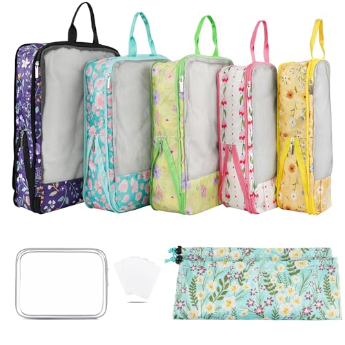 7 Pcs Compression Packing Cubes Travel for Suitcases, Luggage Organizer Lightweight Storage Bags Set for Backpack Travel- Packaging Cubes for Carry-Ons and Storage - color: cyan purple yellow