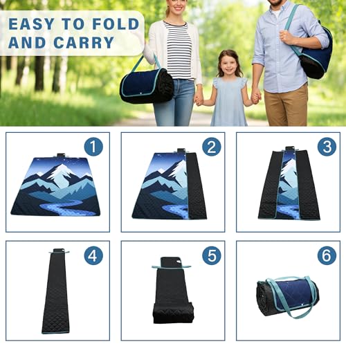 Tirrinia Picnic Blanket Waterproof, 70"x80" Extra Large Outdoor Blanket Waterproof, 3-Layer Foldable Picnic Mat with Sandproof Backing for Beach, Camping, Hiking, Park, Travel - color: Navy Mountain