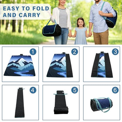 Tirrinia Picnic Blanket Waterproof, 70"x80" Extra Large Outdoor Blanket Waterproof, 3-Layer Foldable Picnic Mat with Sandproof Backing for Beach, Camping, Hiking, Park, Travel - color: Navy Mountain
