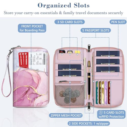 Fintie Family Passport Holder Wallet, RFID Blocking Travel Document Organizer Clutch Bag Credit Cards Case Cover for Women Men - color: Marble Pink
