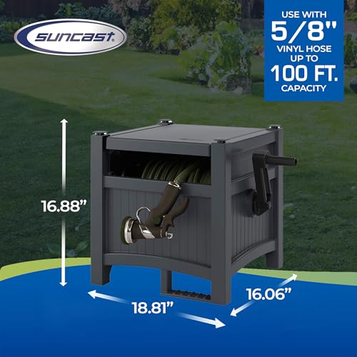 Suncast Garden Hose Hideaway Storage Reel Box, Cyberspace Grey – Resin Outdoor Container, Holds up to 100 Feet of 5/8 Inch Standard Vinyl Water Line – No Assembly Required - size: 100' (Cyberspace)