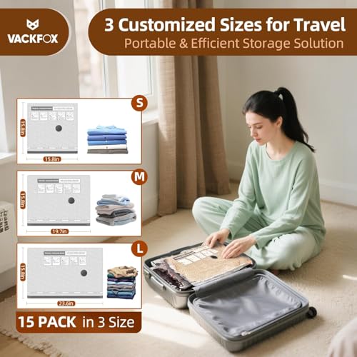 15 Pack Vacuum Compression Bags for Travel, Carry-on Size Seal Packing Cubes for Luggage,Vacuum Storage Bags, Space Saver for Clothes 80% for Travel & Home(No pump) - style: 15 Vacuum Bags