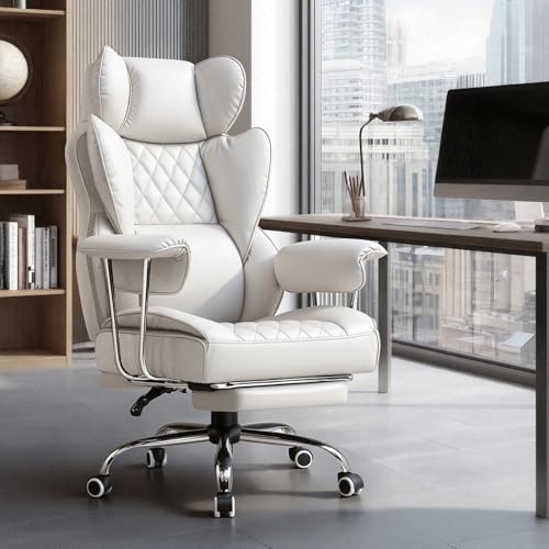 GTPLAYER Gaming Chair,Office Chair with Pocket Spring Lumbar Support, Ergonomic Comfortable Wide Office Desk Computer Chair with Outward Fixed Soft Armrests and Footrest,(PU Leather, White) - color: White