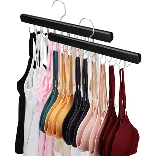 NECAMOCU 2 Pack Bra Hanger for Closet Organizer, Premium Wooden Tank Top Hangers with 36 Foldable Hooks, 360° Rotating Design, Space Saving Storage for Tank Tops, Bras, Scarves and More, Black - color: Black