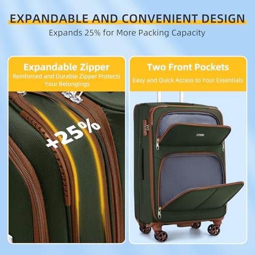 LARVENDER Luggage Sets 5 Piece Softside Expandable Suitcases Set with Spinner Wheels TSA Lock, Lightweight Soft Shell Rolling Travel Luggage Set Clearance for Men and Women, Green Brown - color: Green/Brown, size: 5 Piece Set