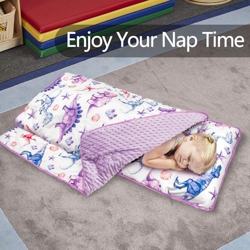 Primlect Toddler Nap Mat Extra Large Thickened 55''x35'', Soft Sleeping Bag with Detachable Minky Blanket and Pillow, Portable for Daycare, Preschool, Kindergarten, Travel, Boys and Girls - color: Purple Dinosaur