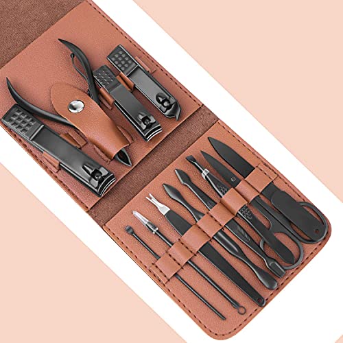 Teamkio 12pcs Manicure Set Pedicure Nail Clippers Set Travel Hygiene Kit Stainless Steel Professional Cutter Care Set Scissor Tweezers Knife Ear Pick Tools Grooming Kits with Leather Case - color: Brown-12pcs