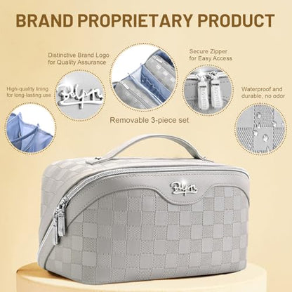 BOYATU Travel Makeup Bag Organizer: 3 Pcs Set Large Capacity Cosmetic Bags Holds 10–20 100ml Full-Size Bottles - 180°Open-Flat Make up Case 3-sec touch-up - Toiletry Bag Gift women (03-A-Gray) - color: 01-F-Gray